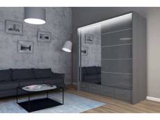 Original-garderobe - armoire avec tiroirs cylia led 203 - gris + miroir - armoire à glace avec portes coulissantes, armoire spacieuse, salon, couloir