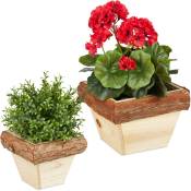Pot de fleurs en lot de 2, bois de sapin avec écorce, extérieur et intérieur, carré, deux tailles, nature - Relaxdays