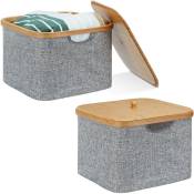 Relaxdays - 2x Panier de rangement en tissu boîte de rangement gris bambou couvercle poignées HxlxP: 25 x 33 x 33 cm, gris