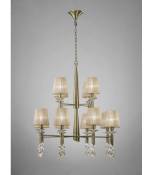 Suspension Tiffany 2 Tier 12+12 Ampoules E14+G9, laiton antique avec Abat jour bronzes & cristal transaparent