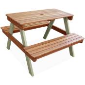 Table de pique-nique en bois d'acacia pour enfant. 2 places. salon de jardin enfant couleur teck clair et vert de gris - Vert de gris