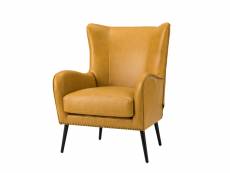 Fauteuil salon en similicuir coussin amovible, fauteuil rembourré confortable avec pieds en métal noir et garniture en tête de clou, jaune