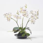 Homescapes - Orchidée artificielle blanche dans un bol en céramique noir 38 cm - Blanc