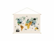 Kakemono enfant tableau en toile suspendue carte du monde animaux l90 x h60 cm mapy