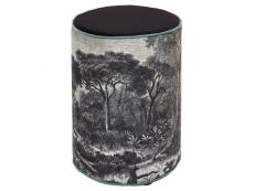 Kaza - pouf rond noir et blanc motif forêt