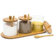 Relaxdays Pot pour épices JIAO avec support et cuillères, HLP : 12 x 31 x 12 cm, pour cuisine et salle à manger, nature