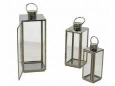 Set de 3 lanternes porte bougies décoration intérieur ou extérieur sur pied en métal et verre dec05121