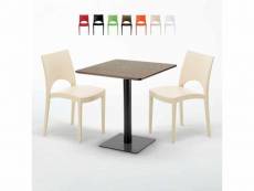 Table carrée 70x70 plateau effet bois avec 2 chaises colorées paris melon