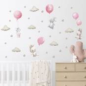 Xinuy - Aquarelle Rose Ballon Lapin Nuage Stickers Muraux pour Enfants Chambre Bébé Chambre de Bébé Décoration Stickers Muraux pvc