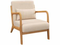 Fauteuil lounge - 3 coussins inclus - assise profonde - accoudoirs - structure bois hévéa - aspect velours beige