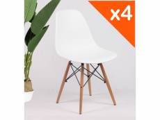 Kosmi - lot de 4 chaises blanches style scandinave modèle avec coque en résine blanche, pieds en bois naturel et croisillons métal noirs