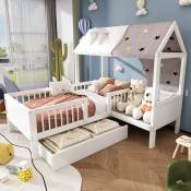 Lits pour enfants 90×200cm,lit simple en forme de maison en bois,avec tissu de tente,tiroirs en bas,avec clôture,sans matelas, Blanc