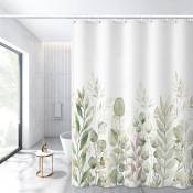 Rideau de douche vert et blanc, rideaux de douche en tissu pour salle de bain, ensembles de rideaux de douche à feuilles de plantes (vert blanc)