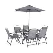 Salon de jardin acier anthracite 1 table 6 fauteuils pliants 1 parasol