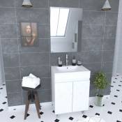Aurlane - Ensemble meuble de salle de bain 60x45x81-meuble MDF-melamine brillant blanc-vasque ceramique+miroir