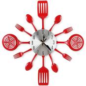 Grande Horloge Murale de Cuisine de 16 Pouces avec CuillèRes et Fourchettes, Vaisselle 3D Horloge Murale DéCoration de (Rouge)