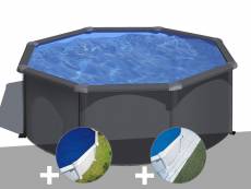 Kit piscine acier gris anthracite gré louko ronde 3,20 x 1,22 m + bâche à bulles + tapis de sol
