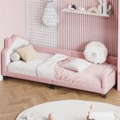 Lit simple 90x200cm, lit d'enfant en PU-cuir, avec tête et pied, dossier lit d'intérieur garçon et fille, rose