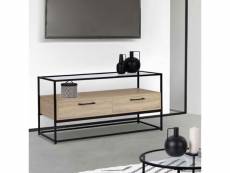 Meuble tv solano 2 tiroirs plateau en verre et pied métal design industriel 113 cm