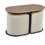 Mobilier Deco - nadia - Ensemble table basse couleur bois avec 2 poufs encastrables en tissu beige - Beige