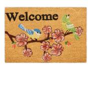 Relaxdays - Paillasson coco, inscription welcome & motif cerisier, tapis d'entrée intérieur & extérieur, 40x60 cm, nature