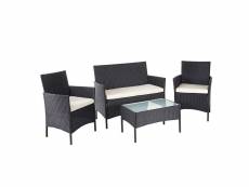 Salon de jardin avec fauteuils banc et table en poly-rotin noir et coussin crème mdj04145