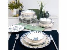 Service de table 24 pièces fabre porcelaine blanc motif géométrique floral bleu et vert