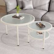 Verslife Ensemble de table basse en 2 pièces, table d'appoint rondes, plateau en verre ondulé, peinture blanc crème