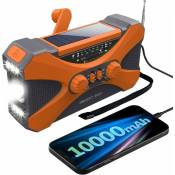 10000mAh】 Radio d'urgence à manivelle solaire, radio météo plusieurs sources d'alimentation, lampe de poche, lampe de lecture, chargeur de téléphone