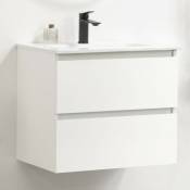 Ensemble de Meuble de salle de bain prémonté 60 blanc-Vasque céramique-Robinet noir-Miroir ELY