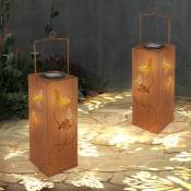 Lampe solaire décoration jardin lanterne rouille lampe exterieur jardin, poinçonnage décoratif papillon, métal, led, LxH 10,2 x 26 cm, lot de 2