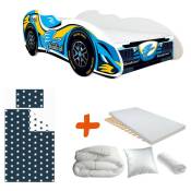 Pack complet lit enfant Voiture Formule 1 Bluebird lit+matelas & parure + couette + oreiller