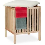 Panier à linge avec siège, Tabouret de salle de bain, rangement, 40l, bois/tissu, 51x41x41 cm, naturel/blanc - Relaxdays