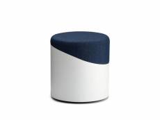 Pouf rond cylindrici bois, métal et tissu blanc et bleu marine