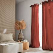 Sweeek - Set de 2 rideaux en gaze de coton ocre. tissu gaufré. 2x 135x240cm avec œillets - Ocre rouge