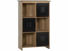 Bibliothèque design industriel - meuble de rangement 3 niches 3 casiers - panneaux particules aspect bois veinage portes métal noir