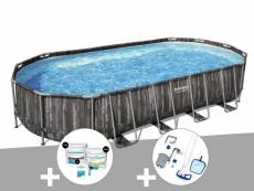 Kit piscine tubulaire ovale bestway power steel décor bois 7,32 x 3,66 x 1,22 m + kit de traitement au chlore + kit d'entretien deluxe