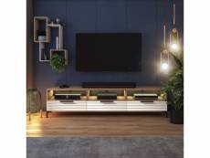 Meuble tv - rikke - 160 cm - chêne wotan / blanc mat - façade 3d - avec led