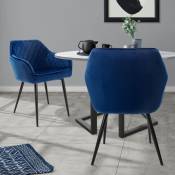Ml-design - Lot 2x Chaises de Salle à Manger - Bleu Foncé - Style Rétro - Dossier/Accoudoirs Rembourrée Aspect Velours - Pieds en Métal Noir - Chaise