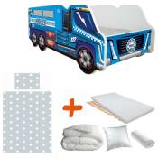Pack complet Lit camion modèle police bleu Lit +sommier+Matelas