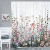 Rideau de douche carré coloré pour salle de bain - Moderne - Décoratif - Fleurs roses - Multicolore - Polyester - Imperméable - Avec 12 anneaux