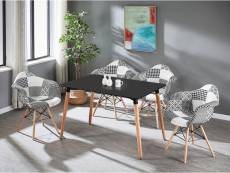 Table à manger noire + 4 chaises à accoudoirs en tissu patchwork - noir & blanc - style scandinave
