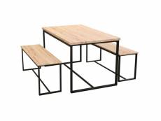 Table salle à manger en bois et métal + 2 bancs