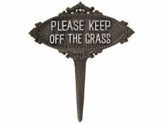 Tuteur pic de jardin motif etiquette keep off the grass blanche tige en fonte patinée marron 1x21x23cm
