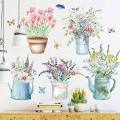 Aquarelle stickers muraux pot de fleurs 2 i floral plantes libellule papillon i autocollant sticker mural pour salon chambre d'enfant cuisine