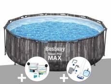 Kit piscine tubulaire ronde bestway steel pro max décor bois 3,66 x 1,00 m + kit de traitement au chlore + kit d'entretien deluxe