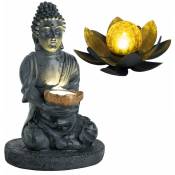 Lampe solaire Bouddha Feng Shui extérieur fleur solaire extérieur fleur de lotus solaire verre craquelé, gris, ampoules led, 1x lotus 1x bouddha, lot