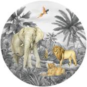 Papier peint intissé auto-adhésif rond animaux de la jungle - Lion, éléphant, perroquet en noir et blanc - 70 x 70 cm