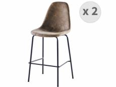 Vegas - chaises de bar microfibre vintage marron pieds métal noir (x2)