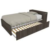 864RK - Lit simple 120x190 avec meuble de rangement en tête de lit et deuxième lit gigogne - Orme de jerez foncé - Orme de jerez foncé